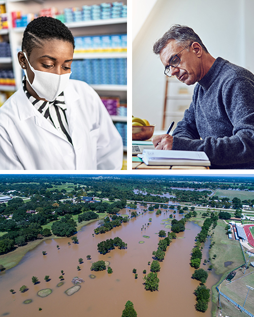 Collage of pharmacist, man writing at desk, flooding in rural areas